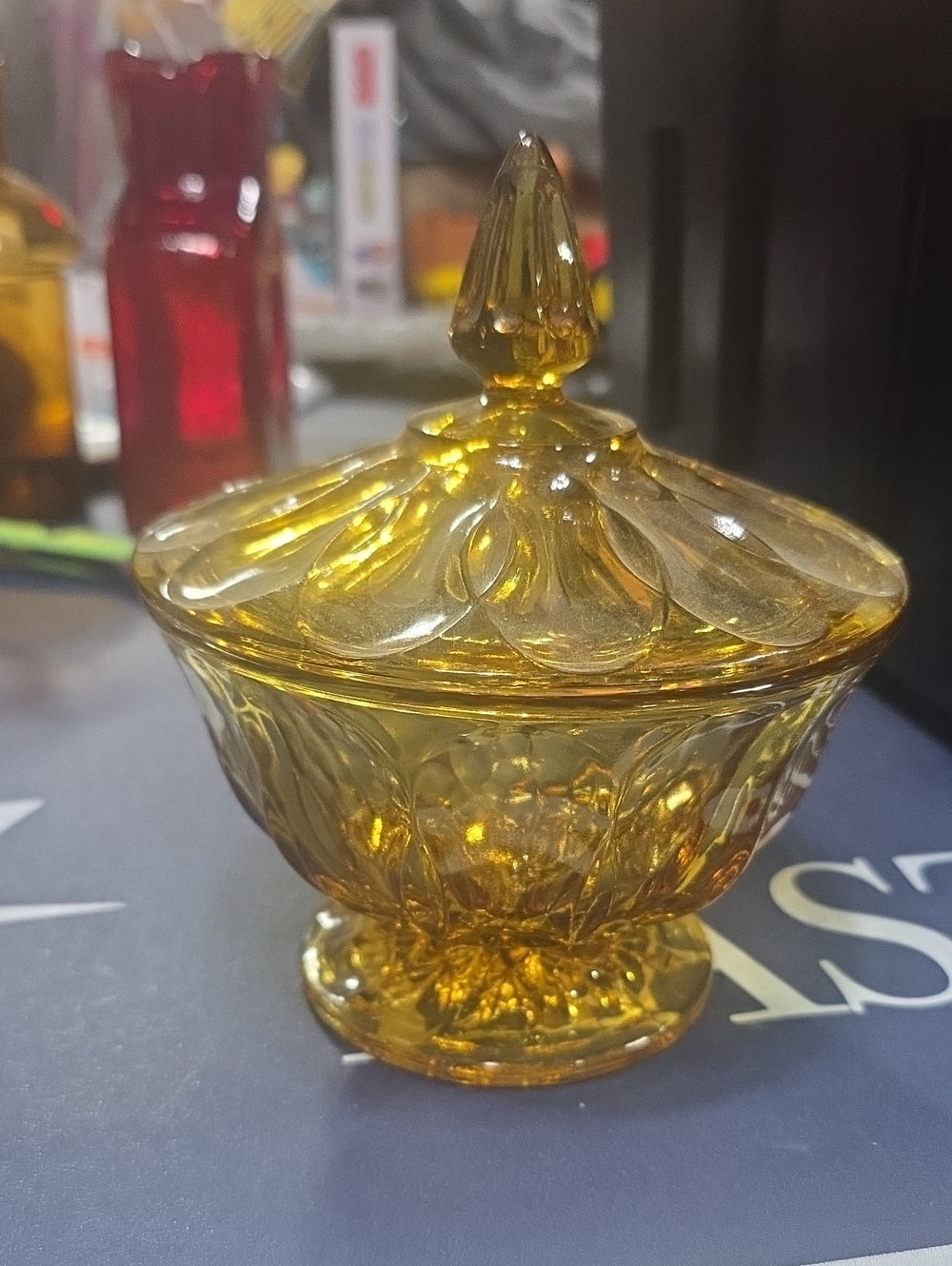 Vintage Anchor Hocking Fairfield Amber Glass Candy Dish With Lid 6x7.5”